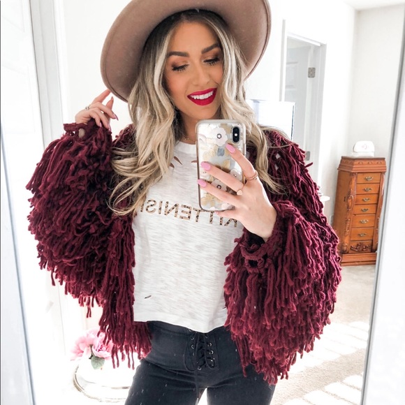 Sweaters - Burgundy Fringe Cardigan